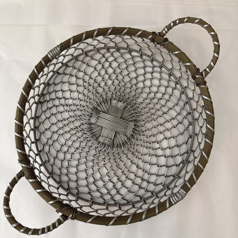 VTG Round Woven Silver Metal‎ & Brass Tray Basket w/ Handles 13" D Brutalist